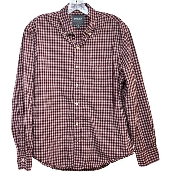 Bonobos Button Down Shirt Men's Medium Short Pink Wine Gingham 100% Cotton L/S - Picture 1 of 4